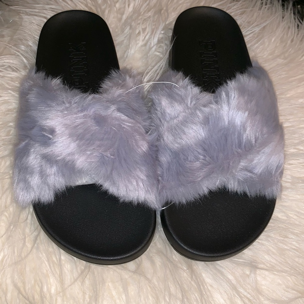 Pink fuzzy slides